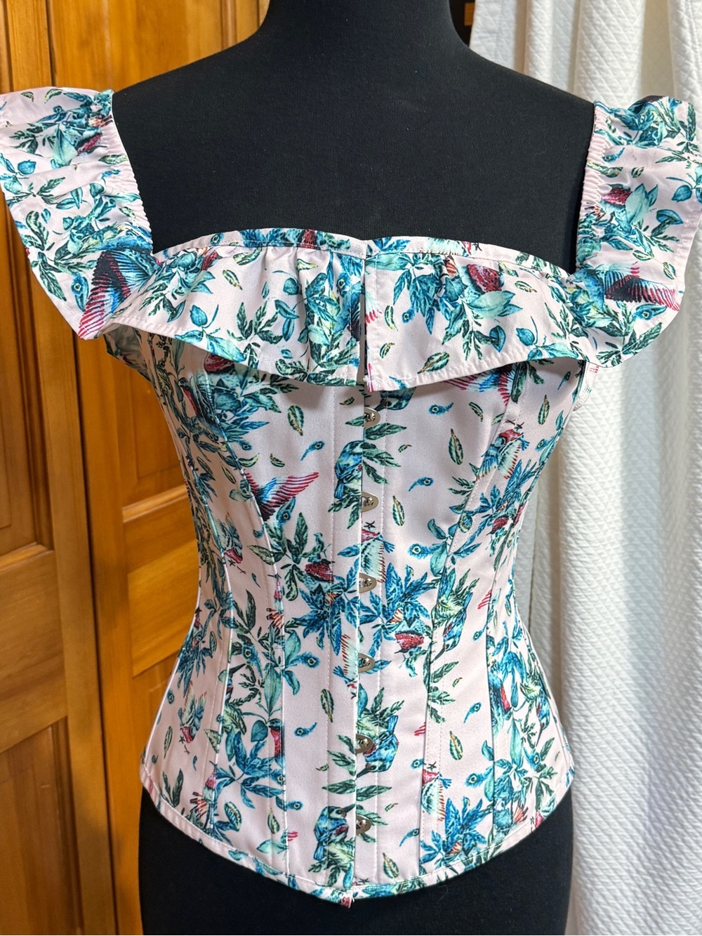 Corset Story Off-Shoulder Bird Floral Print Overbust Corset UK 12 (US Sz 8)
